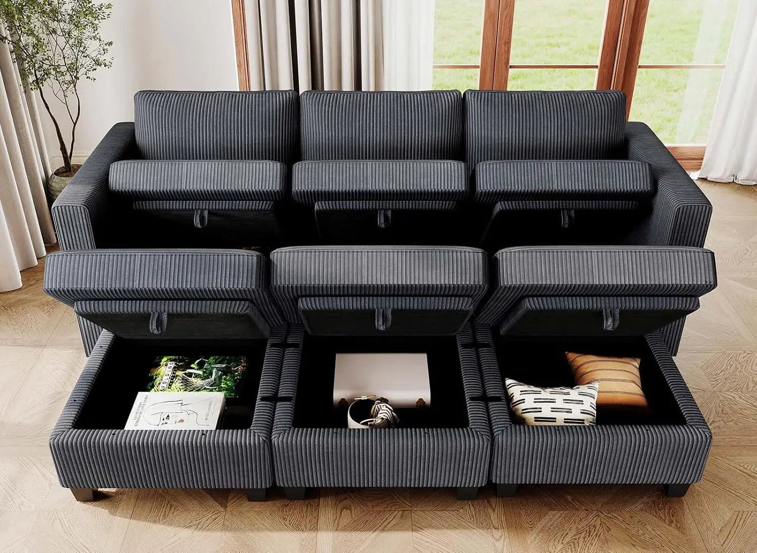 Corduroy Sectional Sleeper Sofa with Storage Ottoman