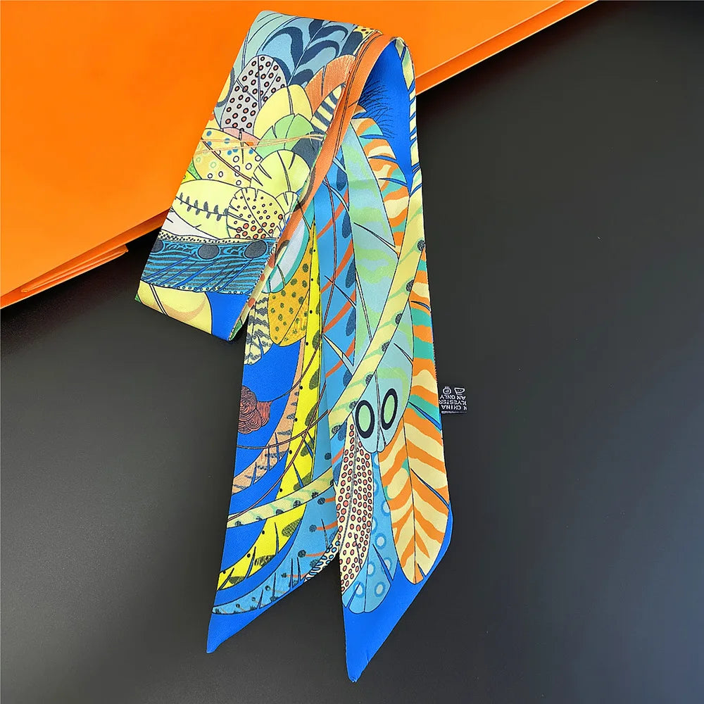 Fashion Skinny Small Silk Scarf Women Luxury Feather Print Headband Women's Bags Accessories Long Striped Neck Scarf Shawl