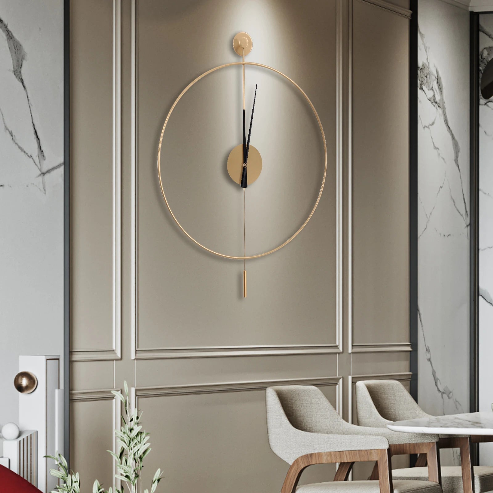 Modern Silent Wall Clock with Pendulum – Elegant Gold Accent for Quiet Sophistication