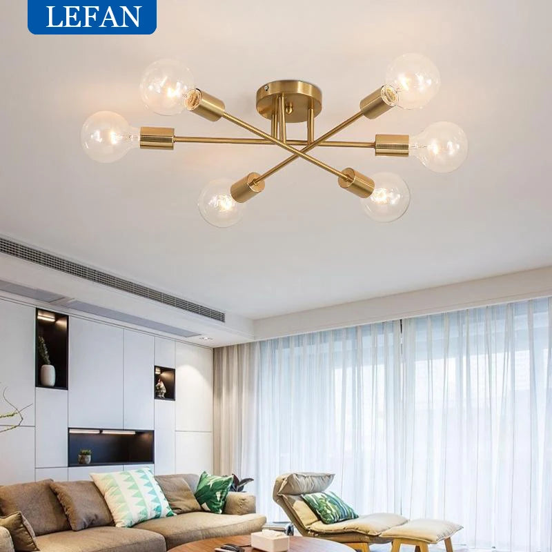 Modern Nordic LED Chandelier Semi Flush Mount Ceiling Lamp Brushed Antique Gold Home Decor Lighting Fixture