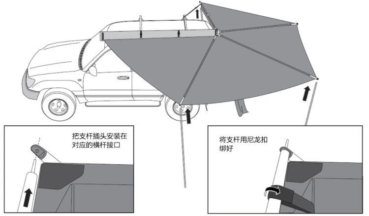 Outdoor self-driving five-angle 270-degree awning with cloth on the top side and double-axis fan-shaped tent with curtain a