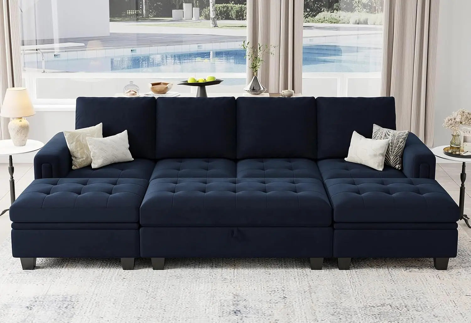 Velvet Convertible 4-Seat Sectional Sleeper Sofa with Storage Ottoman