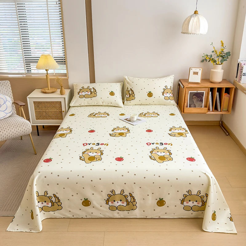 3Pcs Cartoon Strawberry Rabbit Cotton Bed Sheet Set Kawaii Style Bedroom Decor Flat Sheet High Quality Thickened Bedding Set