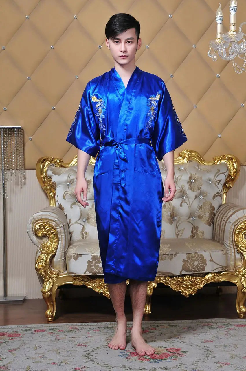 Chinese Style Robe Classical Embroider Dragon Kimono Man Homewear Long Bathrobe Satin Nightgown Loose Sleepwear Loungewear