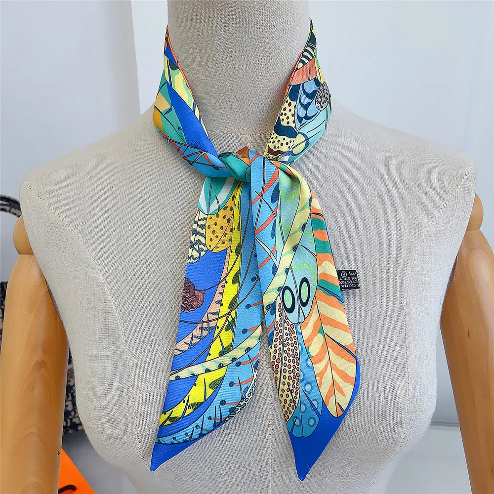 Fashion Skinny Small Silk Scarf Women Luxury Feather Print Headband Women's Bags Accessories Long Striped Neck Scarf Shawl