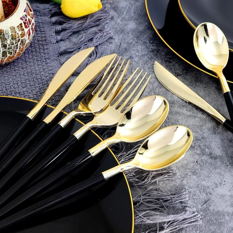 150PCS Black Plastic Plates - Black and Gold Disposable Plates - Premium Heavyweight Gold Plastic Dinnerware