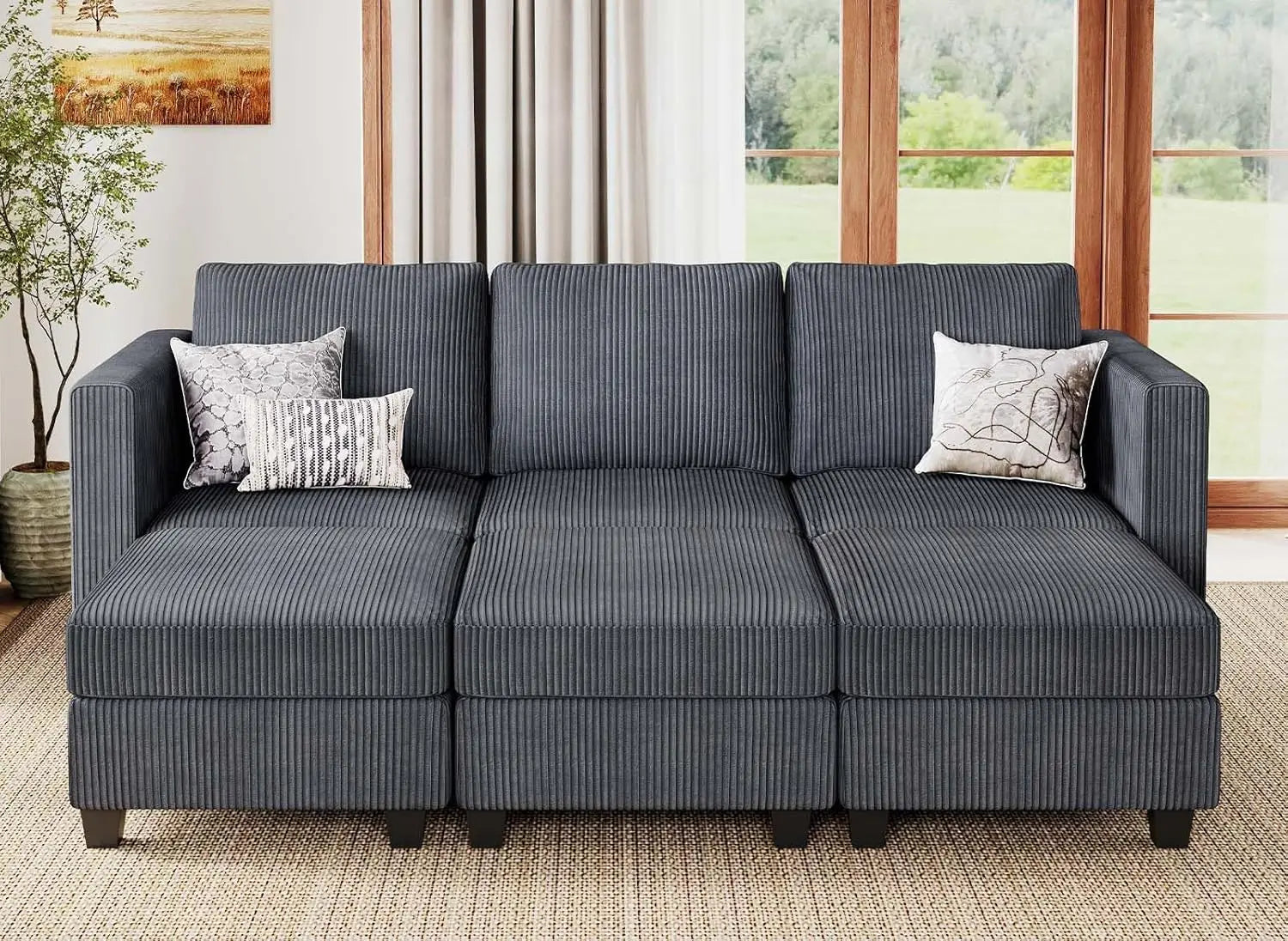 Corduroy Sectional Sleeper Sofa with Storage Ottoman