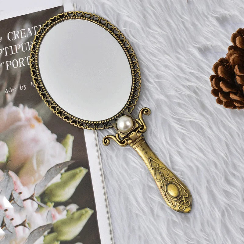 Mini Mirror with Handle Luxury Vintage Handheld Household European Style Makeup Mirror Retro Metal Folding Hand Mirror Portable