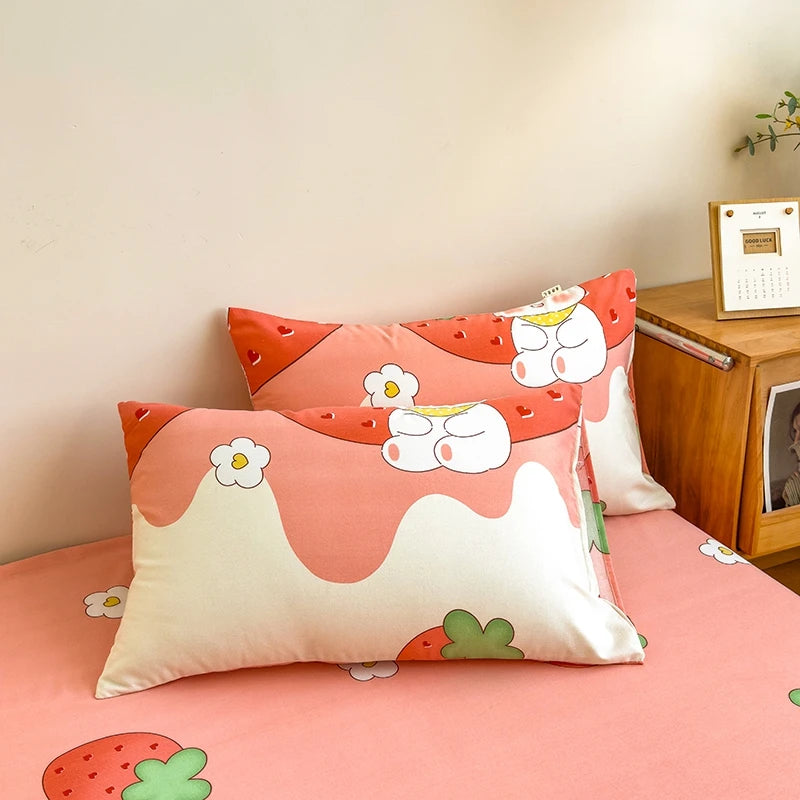 3Pcs Cartoon Strawberry Rabbit Cotton Bed Sheet Set Kawaii Style Bedroom Decor Flat Sheet High Quality Thickened Bedding Set