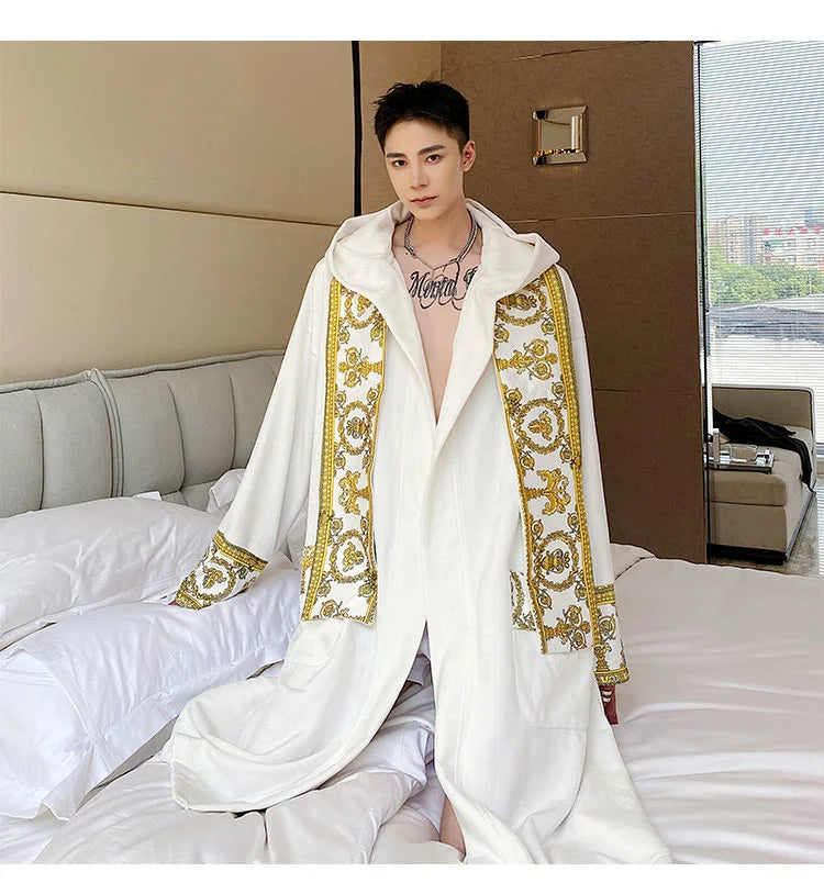 IEFB Winter Thickened Comfortable Velvet Light Luxury Hooded Long Nightgown Men's Fashion Robes Belted Warm Clothes 9Y9924