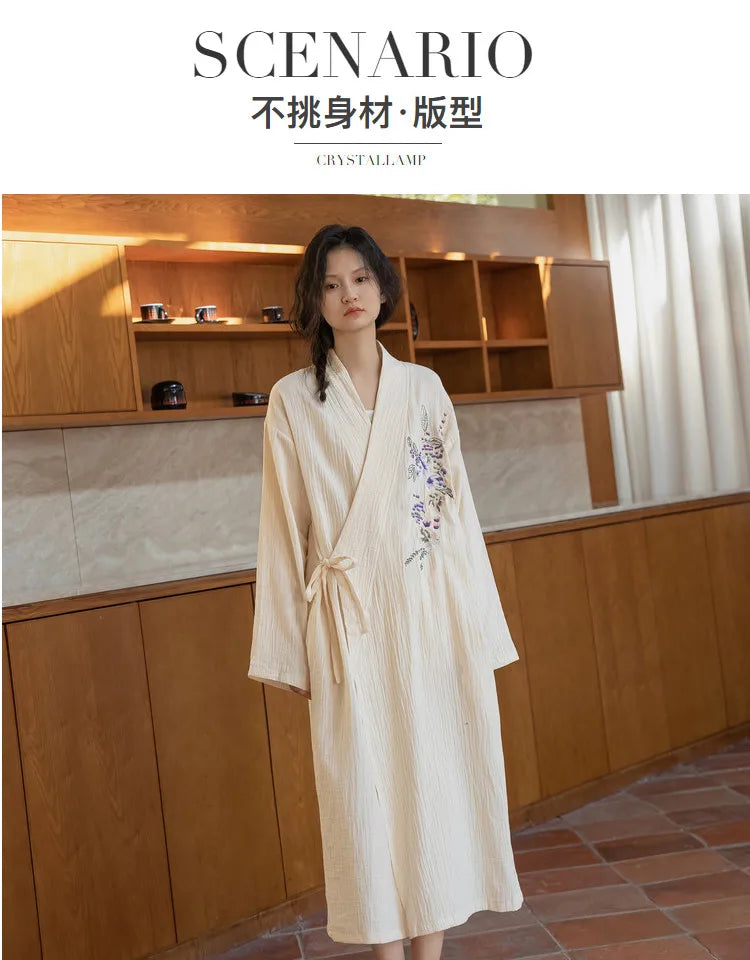 Autumn Robes Women Lovely Floral Chic Lace-up Design Fashion Japanese Style Cozy Long Sleeved Sleepwear Midi Night Ladies Daily