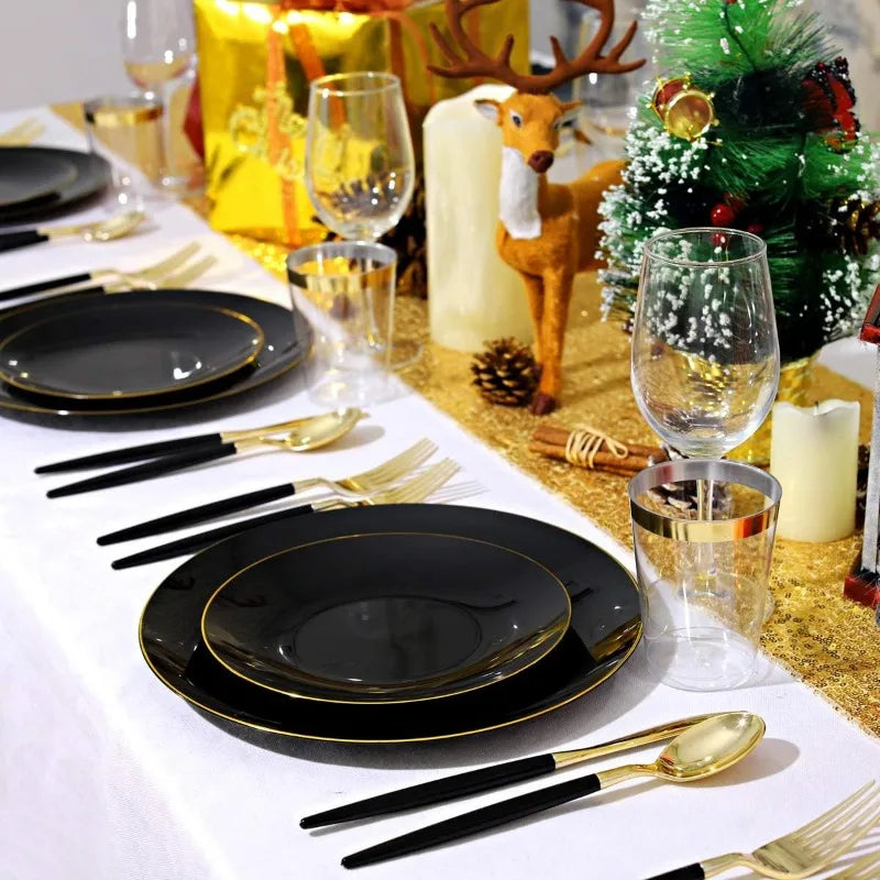 150PCS Black Plastic Plates - Black and Gold Disposable Plates - Premium Heavyweight Gold Plastic Dinnerware