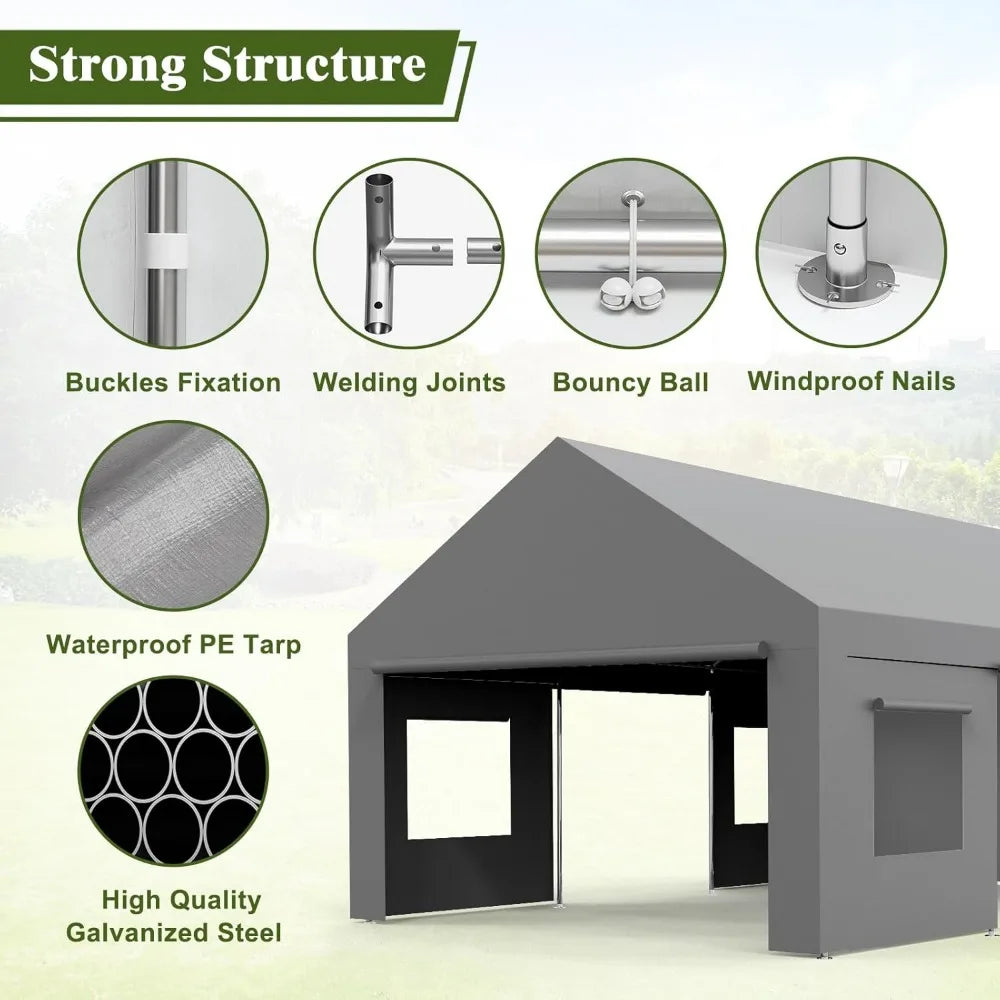 Carport 13'x25' Oversized Portable Garage, Large Outdoor Shelter. Heavy Duty Canopy & Reinforced Frame, 4 Doors