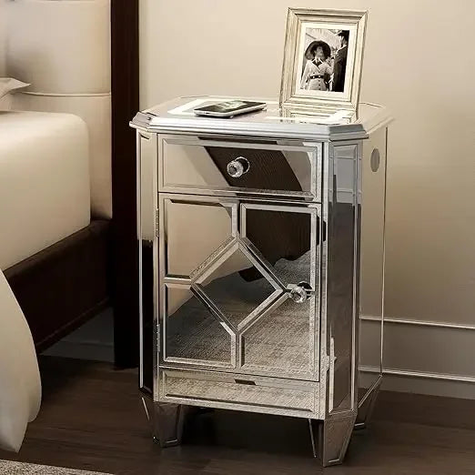 Silver Mirrored Nightstand with LED & Wireless Charging