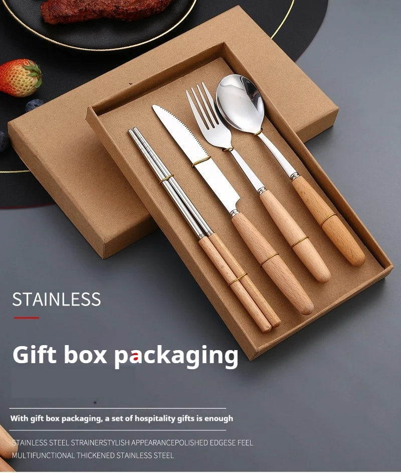 Kitchen Supplie Stainless Steel Marbled Wood Handle Knife, Fork and Spoon 5 Piece Deluxe Premium Steak and Dessert Cutlery Set