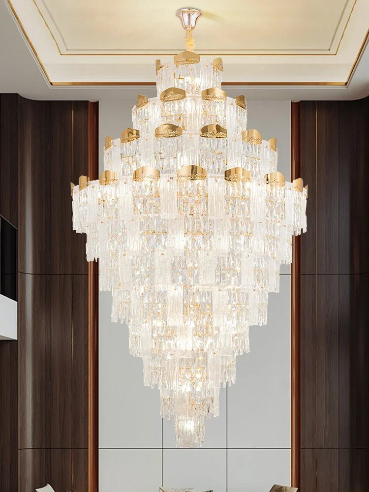 French duplex building chandelier luxury villa building middle floor empty and high light luxury crystal hall living room main