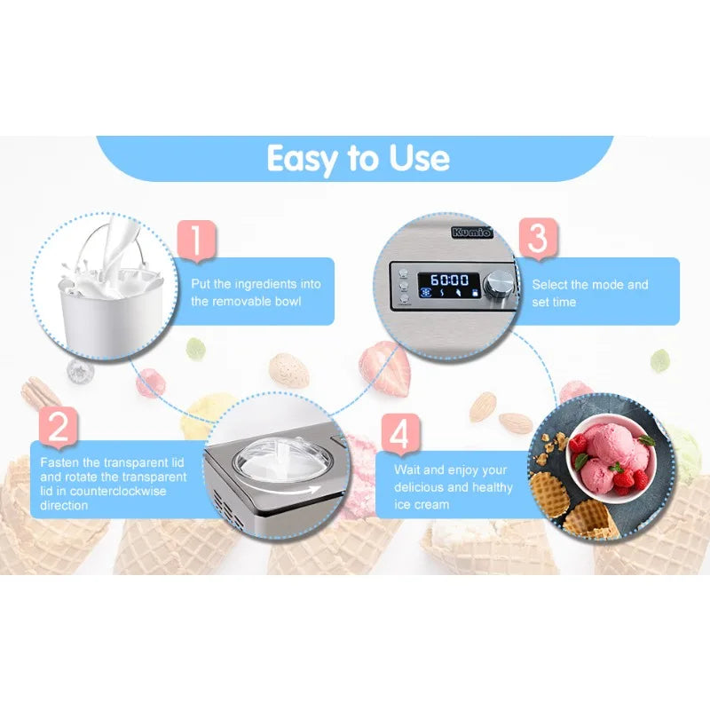 Home Kitchen Ice Cream Maker with Compressor, No Pre-Freezing, Stainless Steel Ice Cream Maker Machine with LCD Display, Timer