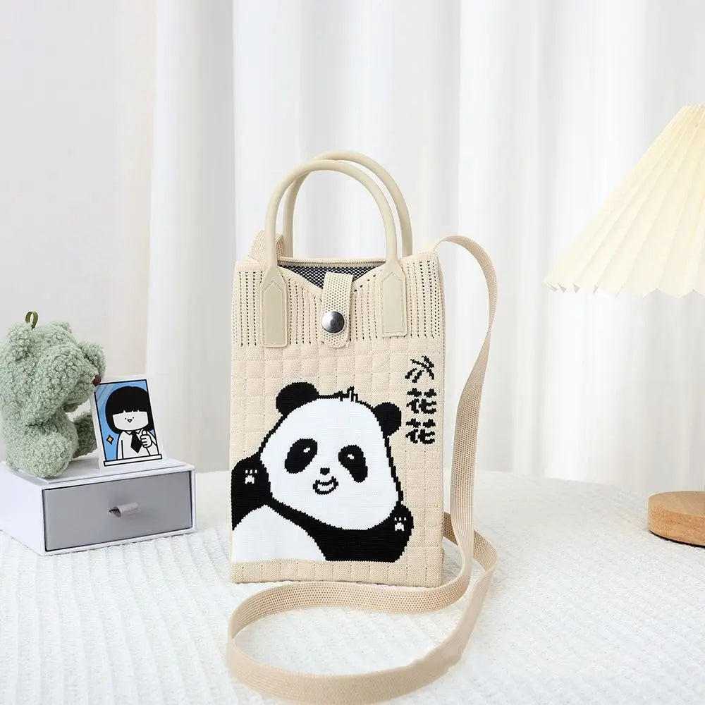 Easy To Carry Creative Mini Knit Handbag Cartoon Panda Huahua Knot Wrist Bag Reusable Large Capacity Hand Crocheted Bags Women