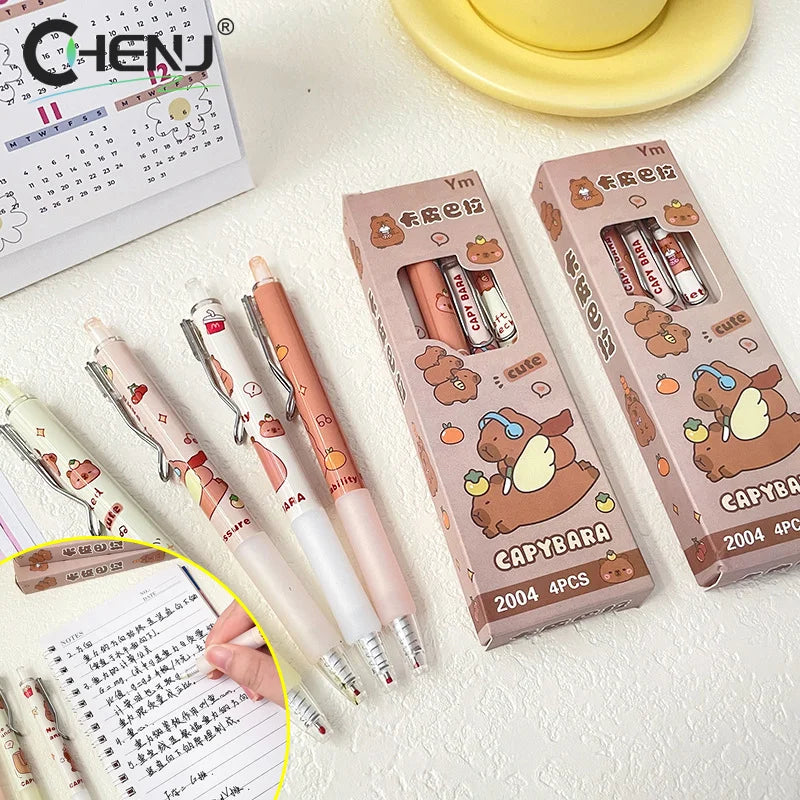 4Pcs Kawaii Cartoon Capybara Neutral Pens School Office Supplies Aesthetic Stationery Gifts Students Cute Ballpoint Pens