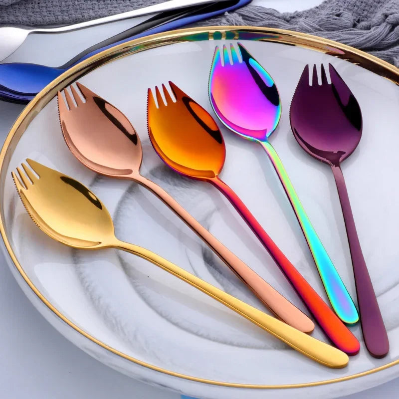 Creative Design Kitchen Tableware Tools 3 in 1 Stainless Steel Colorful Sporks Dessert Fork Spoon Noodles Salad Fruit Utensils