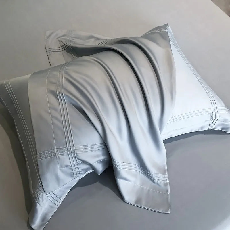 Solid Grey Linens Frame Duvet Cover with Zipper Ties 4Pcs 600TC Eucalyptus Lyocell Soft Cooling Quilt cover Bed Sheet Pillowcase