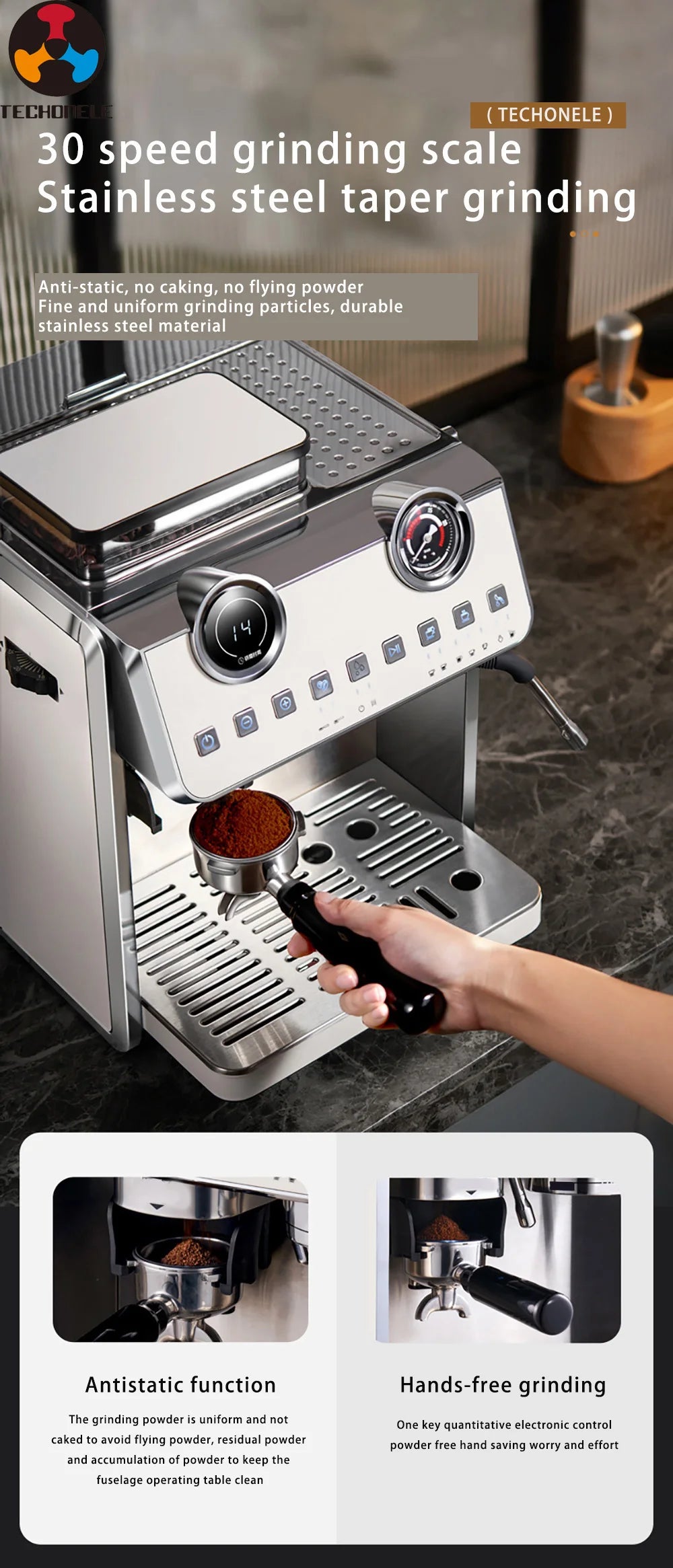 Luxury 20 Bar Pressure Espresso Coffee Machine Double Boiler Bean Grinder Semi-Automatic 2.5L Water Tank Electric Coffee Maker