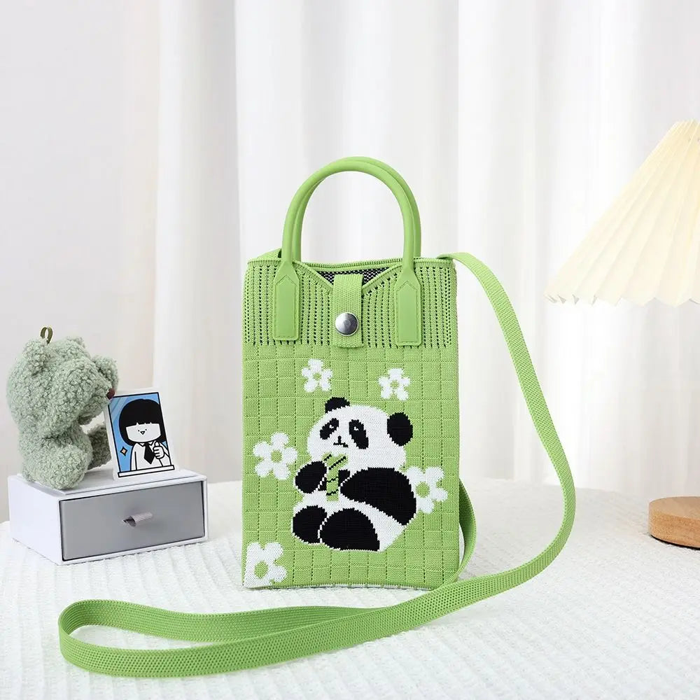 Easy To Carry Creative Mini Knit Handbag Cartoon Panda Huahua Knot Wrist Bag Reusable Large Capacity Hand Crocheted Bags Women