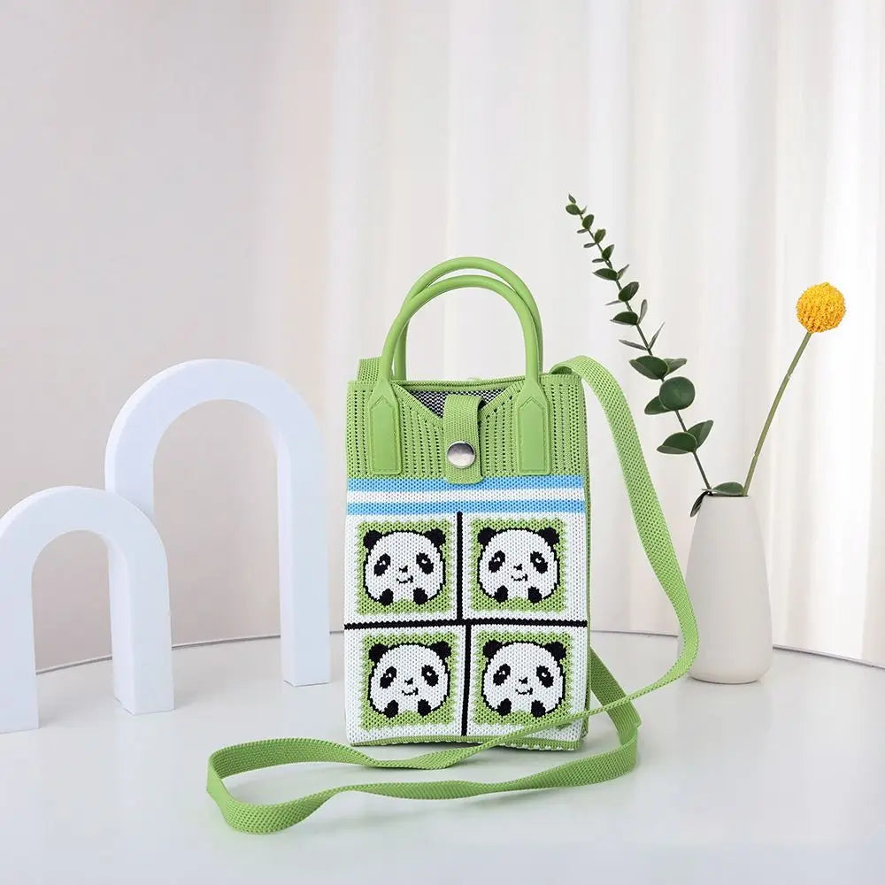 Easy To Carry Creative Mini Knit Handbag Cartoon Panda Huahua Knot Wrist Bag Reusable Large Capacity Hand Crocheted Bags Women