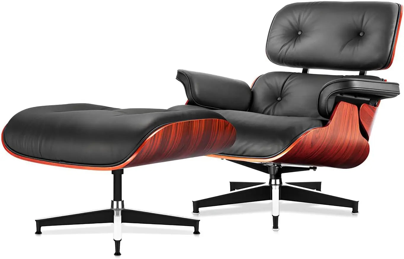 Modern Genuine Leather Chaise Lounge Chair with Ottoman