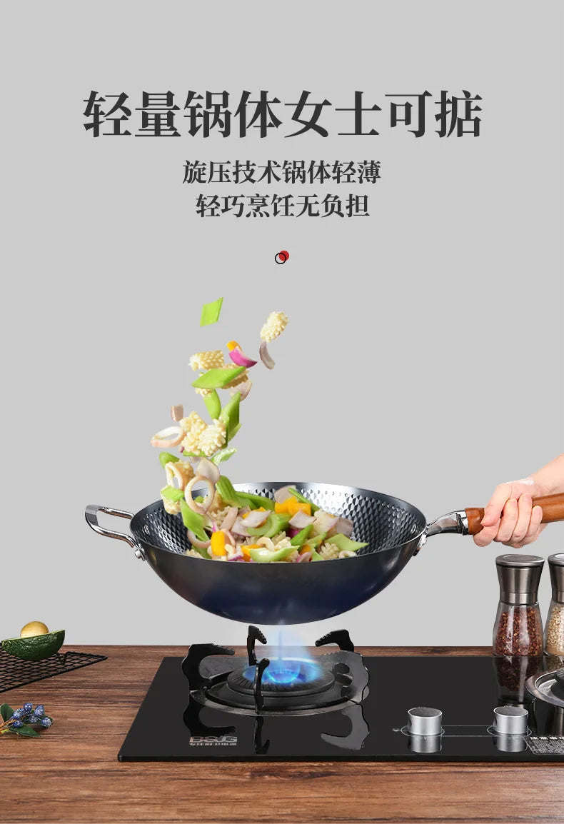 32cm Hand-forged Iron Wok household cooking pot uncoated Cookware Non-stick Thickened Iron Wok High-end Frying Pan