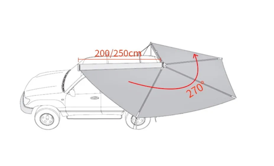 Outdoor self-driving five-angle 270-degree awning with cloth on the top side and double-axis fan-shaped tent with curtain a