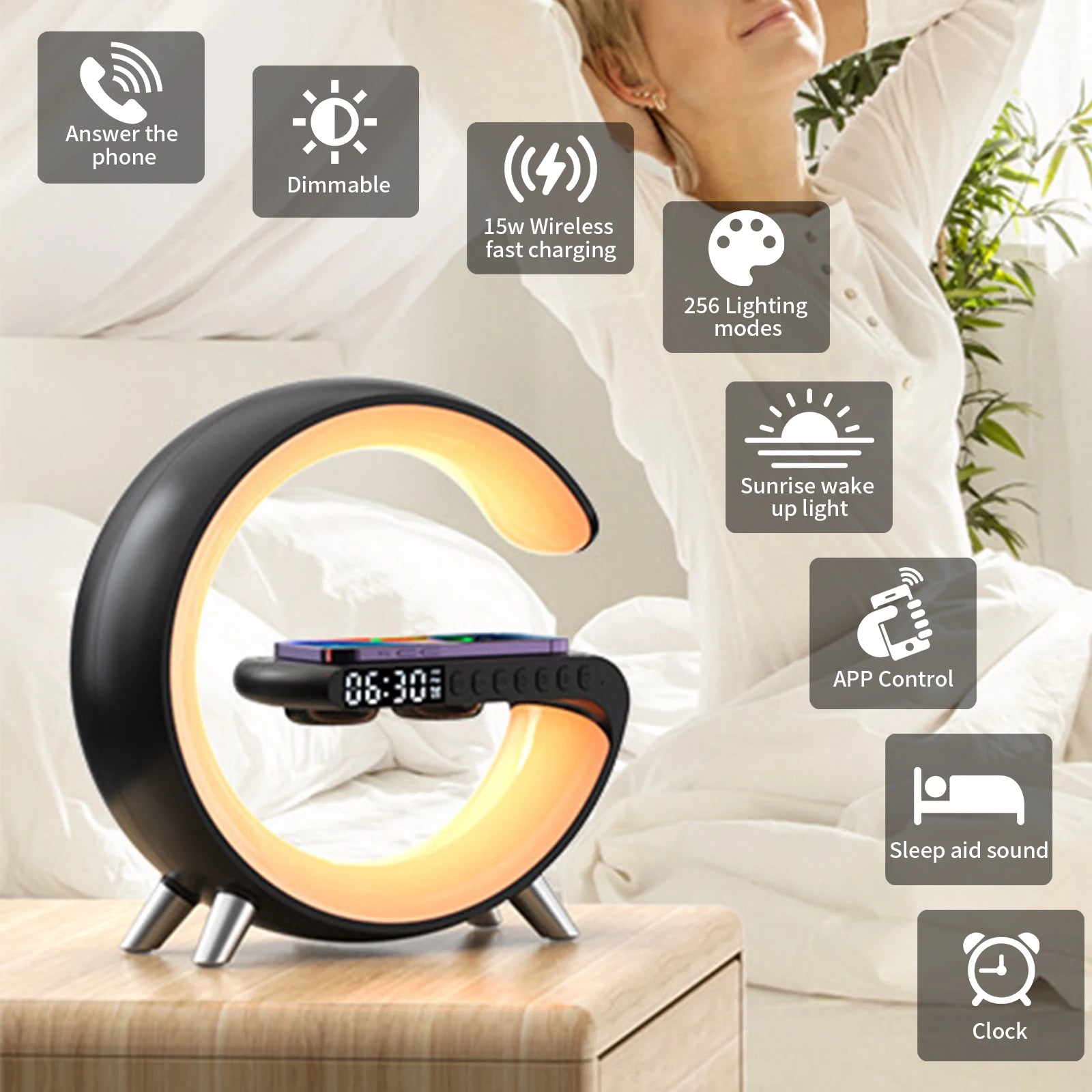 GANXIN Smart Sunrise Hatch Alarm Clock, Fast Wireless Charger Intelligent Atmosphere Lamp, RGB Night Light Bluetooth Speaker AP