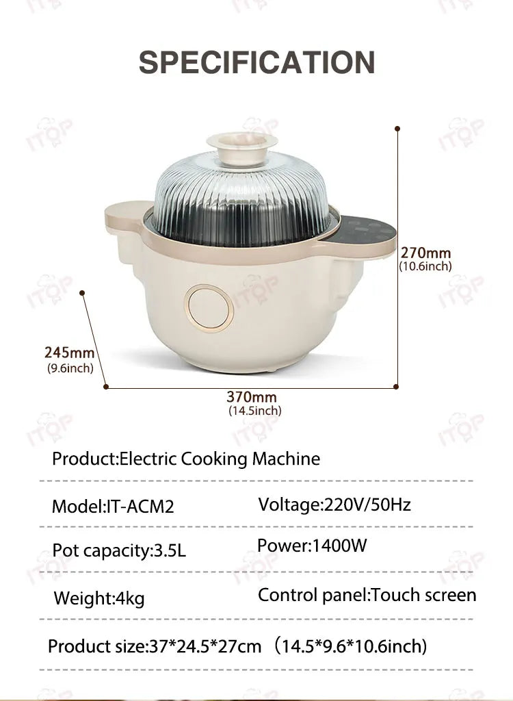 Household Stir Fry Machine 3.5L 1400W Multi Function Steamer, Frying Pan, Hotpot, Wok 360° Stir Touch Colour Screen Food Coating