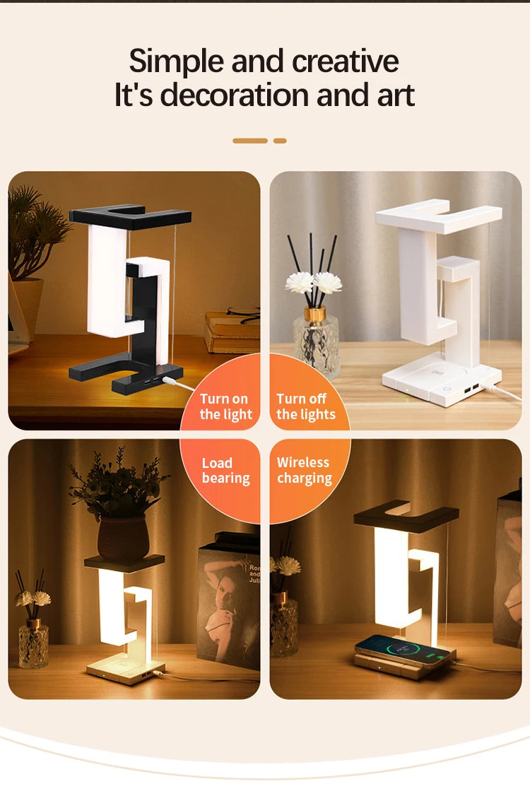 LED Night Lamp Creativity Physics Balance Suspension Table Desk Lamp Wireless Charger Decoration Home Bedroom Room Decor Light