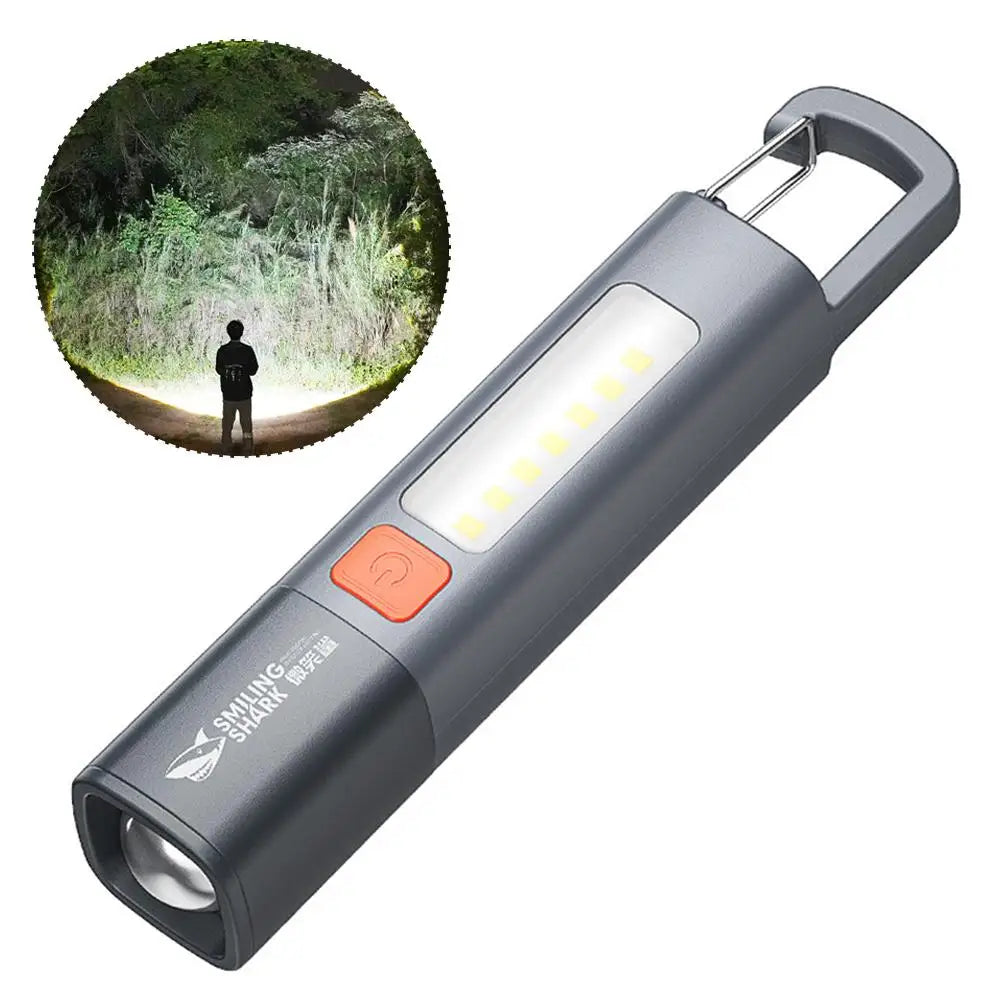 Smiling Shark SD1023 LED Torch Light XPE Super Bright Flashlight with Hook Camping Light USB Rechargeable Zoomable Waterproof