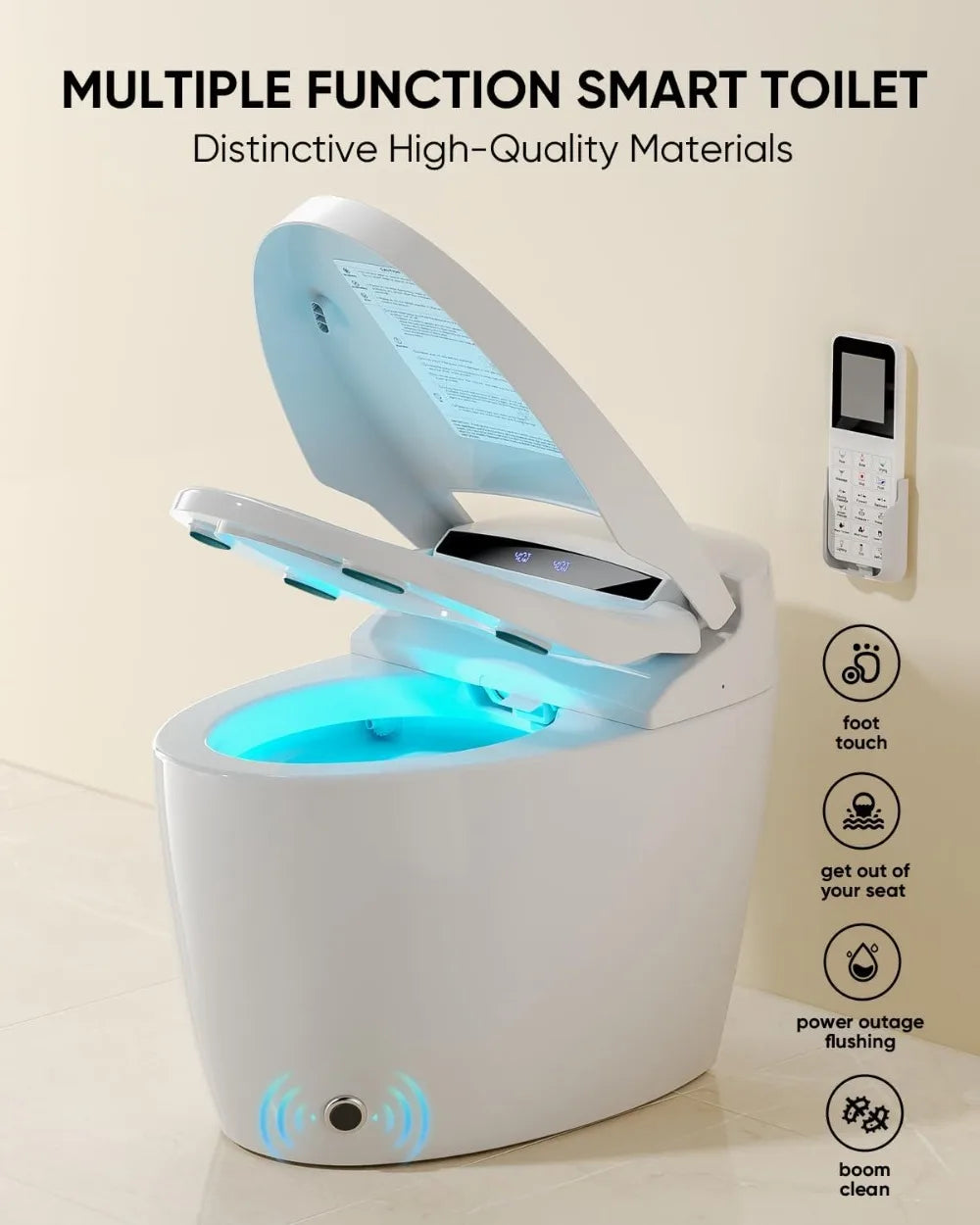 Luxury Smart Toilet with Warm Water Sprayer and Dryer Foot Sensor Operation Heated Bidet Seat Raised Tankless Toilet with LED