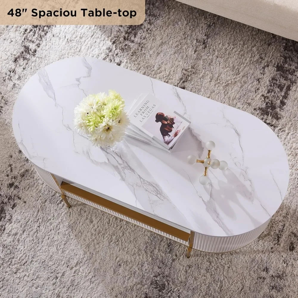 Modern Oval Coffee Table with Faux Marble Top