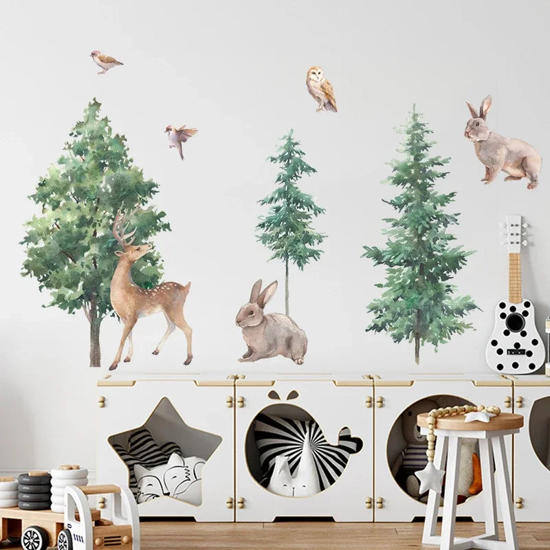 Cartoon Forest Deer Bunny Bird Wall Stickers for Kids Room Bedroom Wall Decor Home Decoration Vinyl Nordic Animals Trees Decals