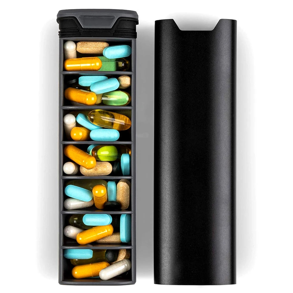 1Pcs 7 Day Weekly Pill Organizer - Premium Stylish Aluminum and Wood Large Capacity Pill Box for Pills, Vitamins and Medicine