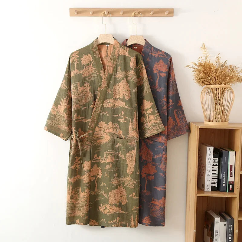 Blue Green Colors Printed Robe for Men Cotton Kimono Men Bathrobe for Spring and Summer Autumn Cotton Long Style Men Kimono Robe