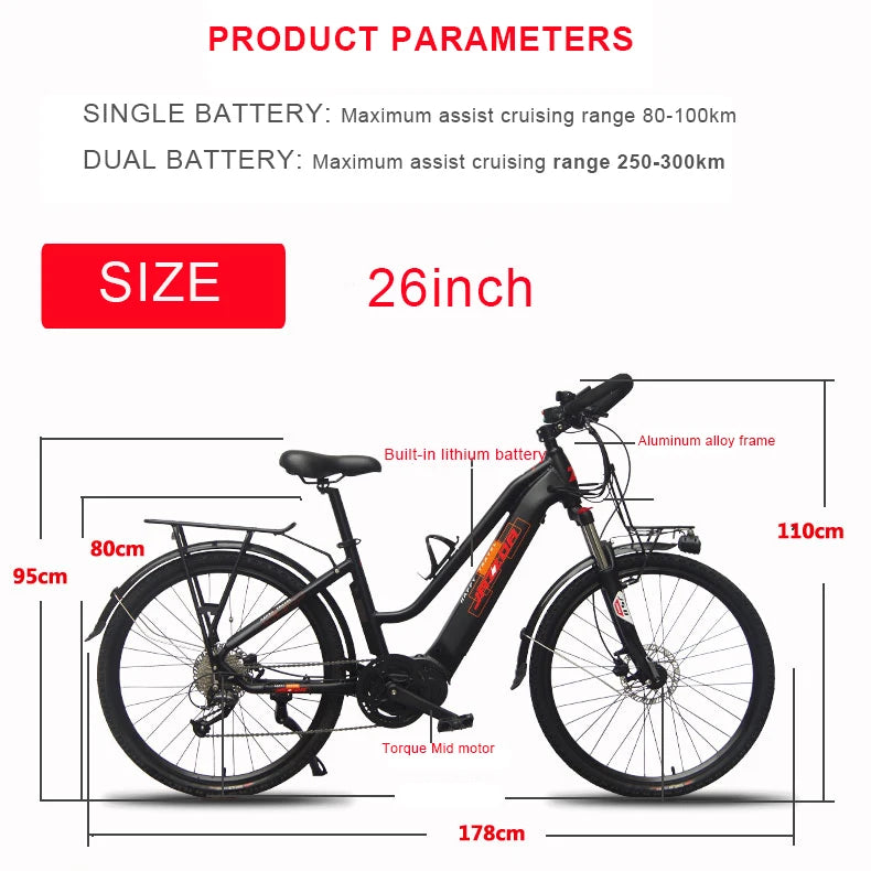 26inch electric torque mid-drive power-assist travel mountain bike 45km/h two-wheeled pedal long-distance travel variable ebike