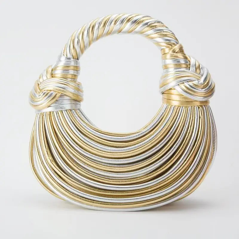 Women's 2025 Luxury Handwoven Noodle Bag – Gold & Silver Designer Hobo Clutch