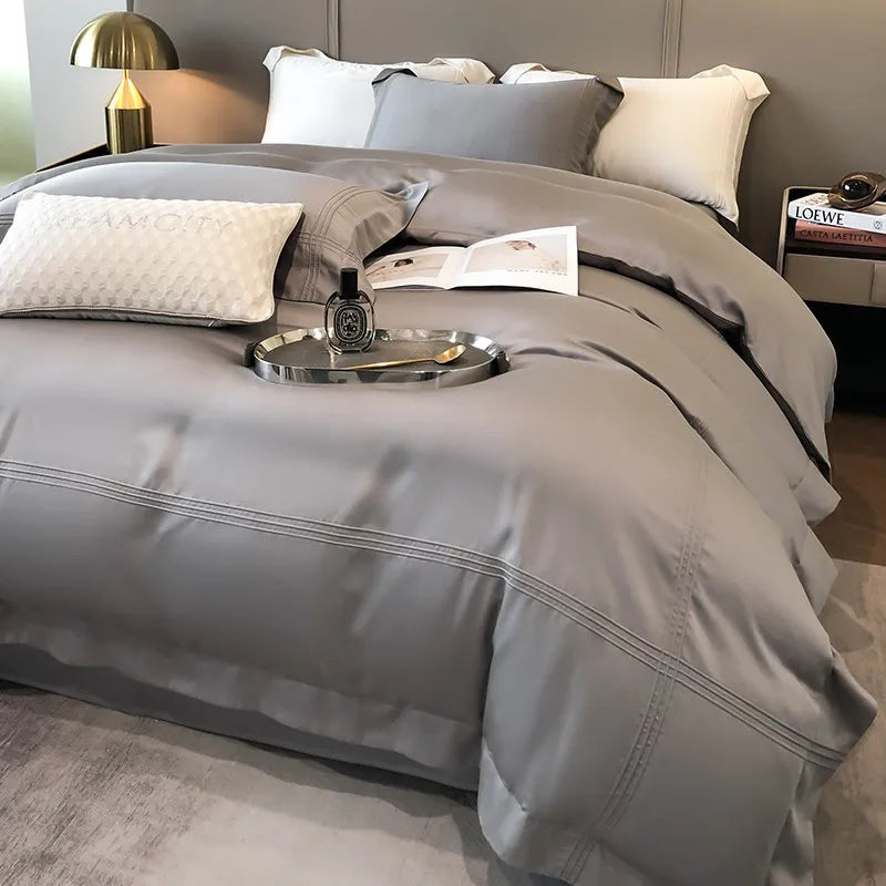 Solid Grey Linens Frame Duvet Cover with Zipper Ties 4Pcs 600TC Eucalyptus Lyocell Soft Cooling Quilt cover Bed Sheet Pillowcase