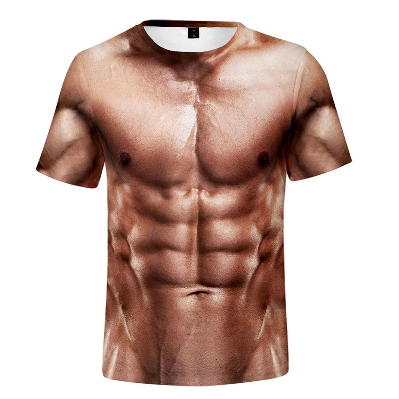 Men's 6-pack Abdominal Muscle T-shirt 3D Printed Short Sleeved Fitness Running Sports Casual Loose Short Sleeved Comfortable