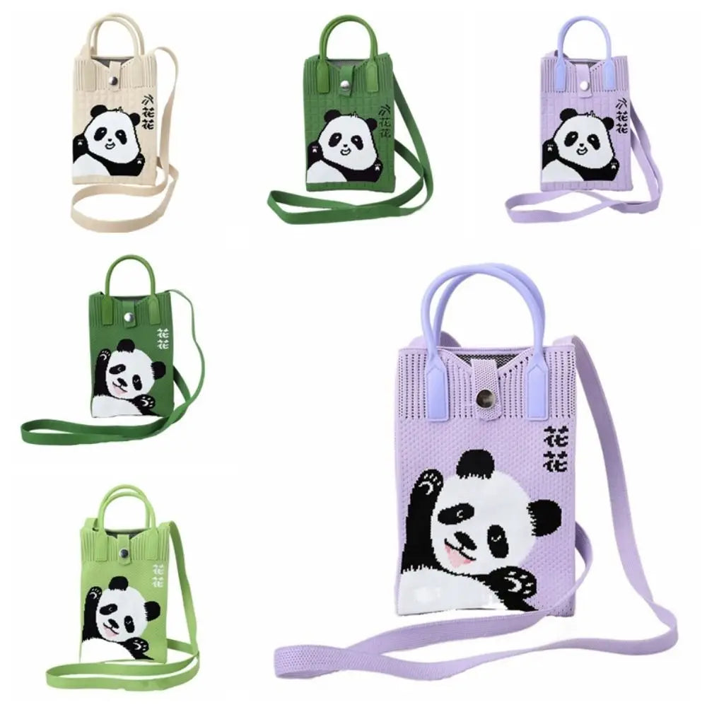 Easy To Carry Creative Mini Knit Handbag Cartoon Panda Huahua Knot Wrist Bag Reusable Large Capacity Hand Crocheted Bags Women