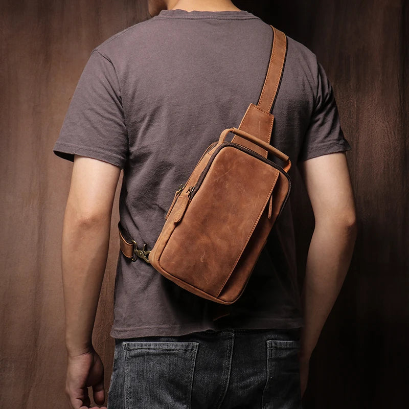 Vintage Real Leather Chest Bag Men's Shoulder Sling