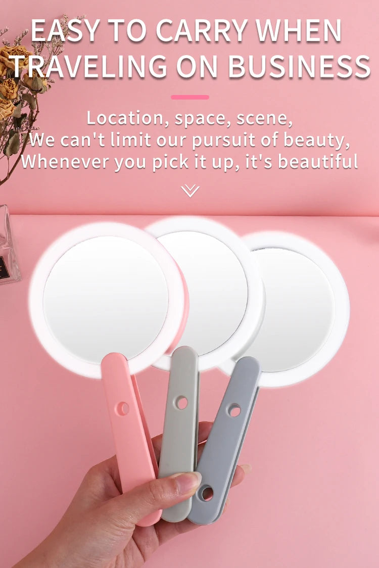 USB Charge  Woman LED Rotary Switch Makeup Mirror Heart Mirror Pink WhiteCute Convenient Hand Held Luxury Round Private Label