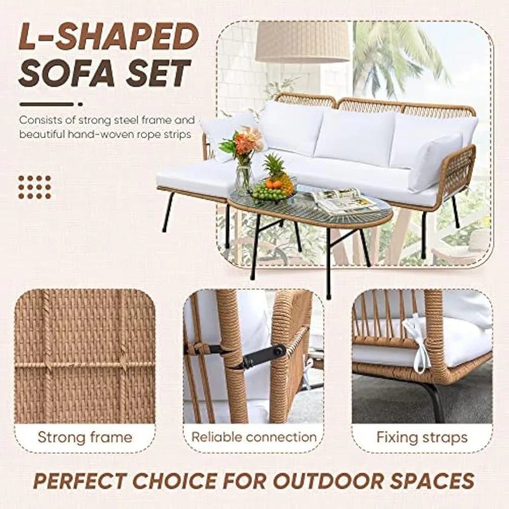 Outdoor Patio Furniture Set, Outdoor Sectional Conversation Rope Woven L-Shaped Sofa Sets with Patio Table and Thick Cushions