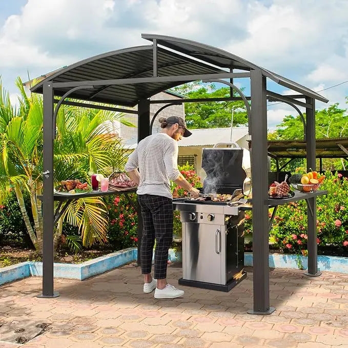 Hardtop Outdoor Grill Shelter with Ventilated Roof, Storage Cabinets, and Adjustable Hooks