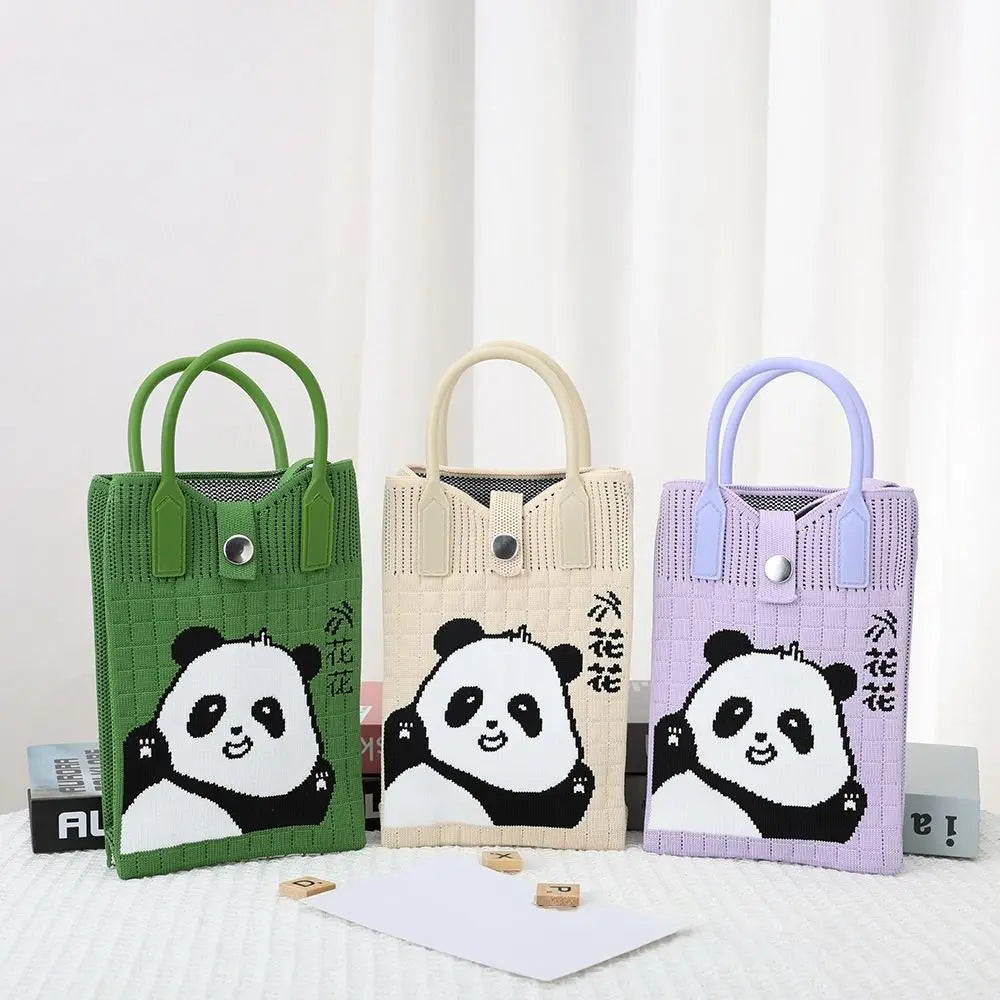 Easy To Carry Creative Mini Knit Handbag Cartoon Panda Huahua Knot Wrist Bag Reusable Large Capacity Hand Crocheted Bags Women